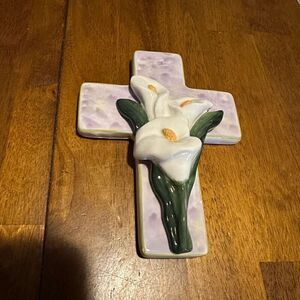 Vintage Bella Casa Ganz Easter Lily Ceramic Cross New old Stock 5.75”